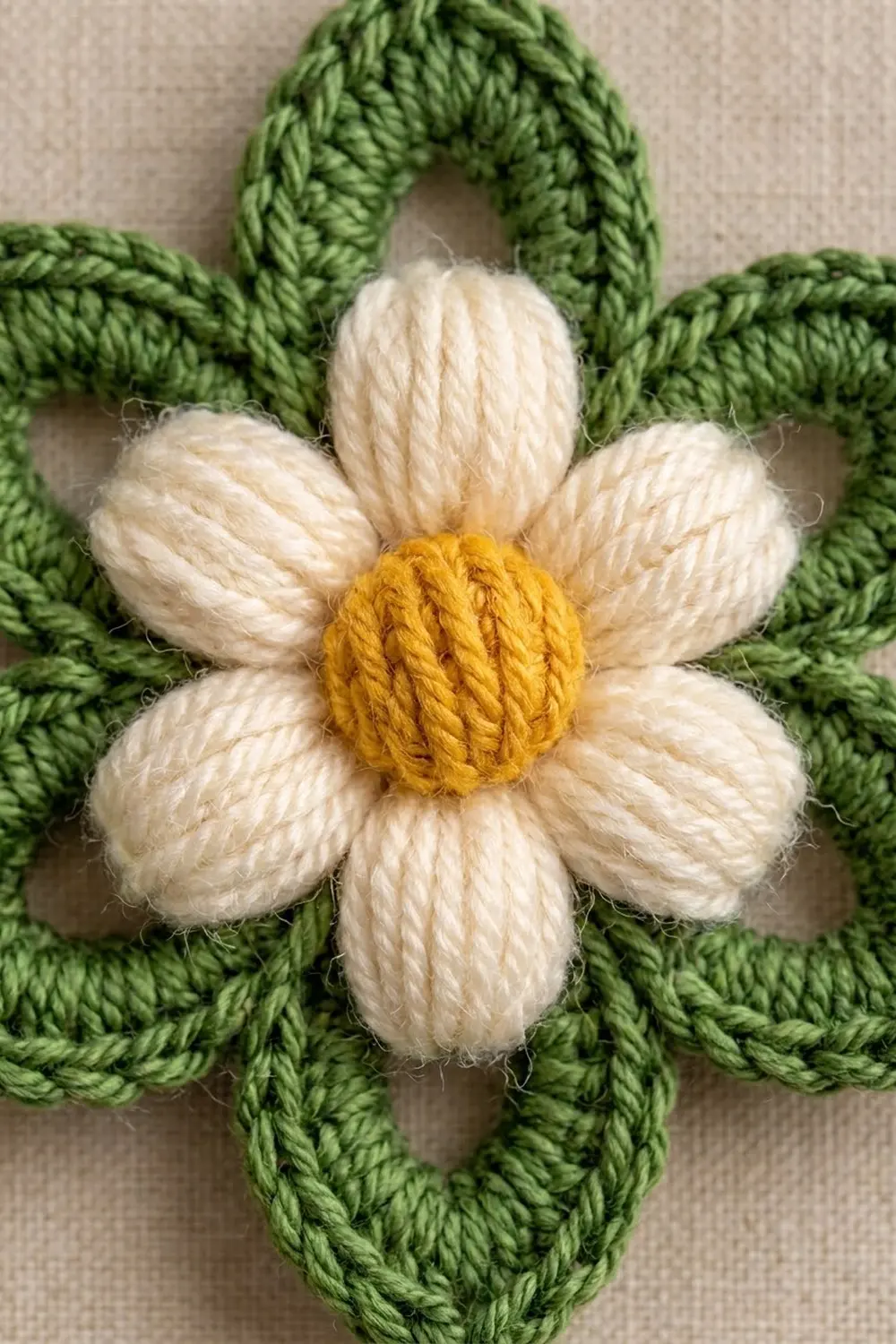 Crochet daisy with white petals, golden-yellow center, and green leafy background on cream fabric.