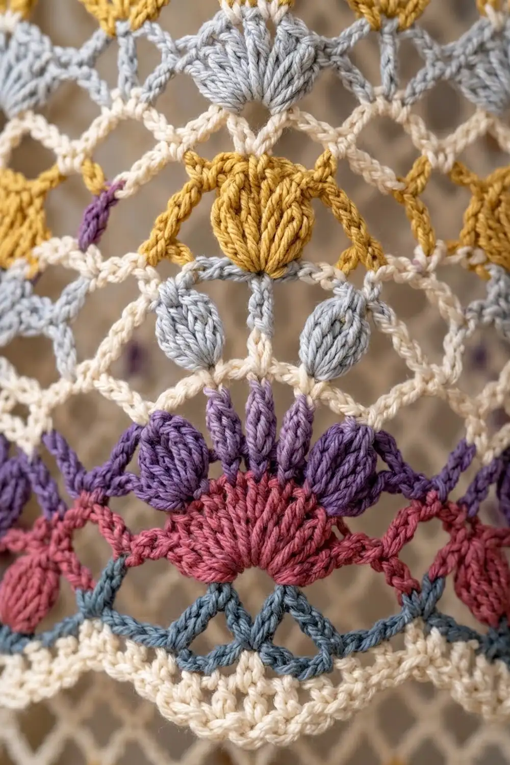 Close-up of multicolored crochet knotwork showing gold, gray, purple, and pink knots forming ornamental geometric patterns against cream.
