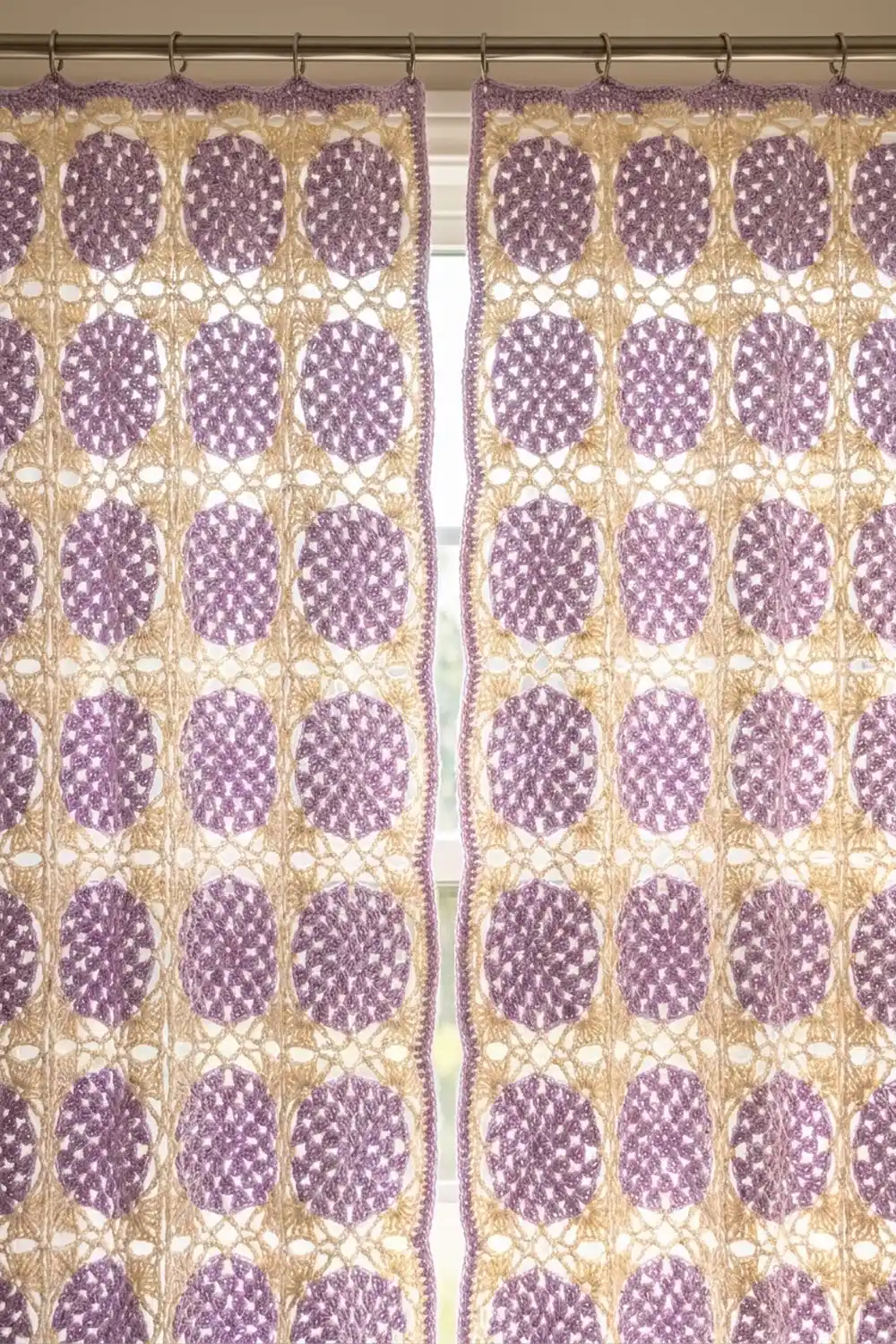 Crocheted panels in purple and cream hanging from a rod, featuring repeating textured ovals separated by delicate lacy openwork.