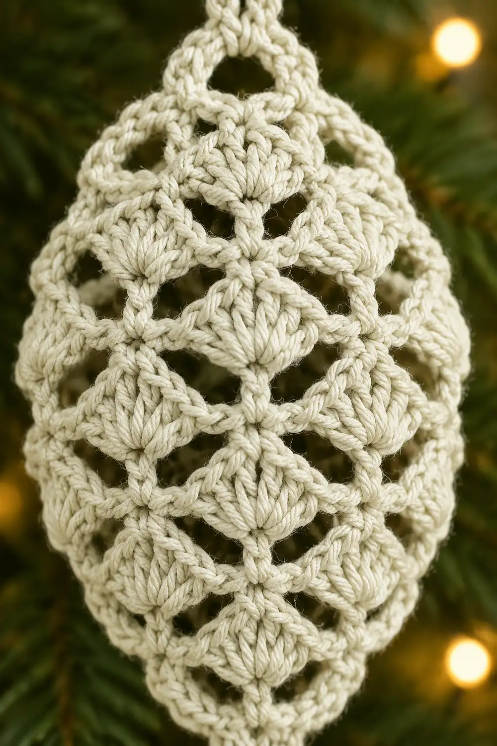 Cream-colored macramé ornament with intricate knots displayed outdoors against blurred green foliage and warm lights.