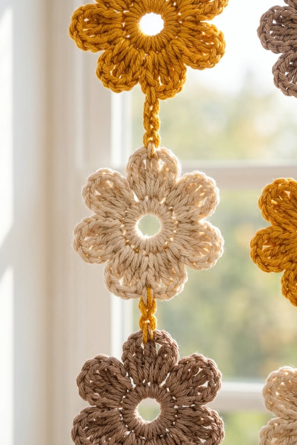Crocheted flowers in gold, cream, and brown yarn with hollow centers connected by twisted strings, backlit window.