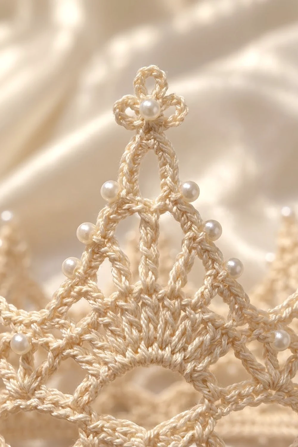 Tan woven-rope ornament with white pearls and geometric cross design against a soft, blurred neutral background.