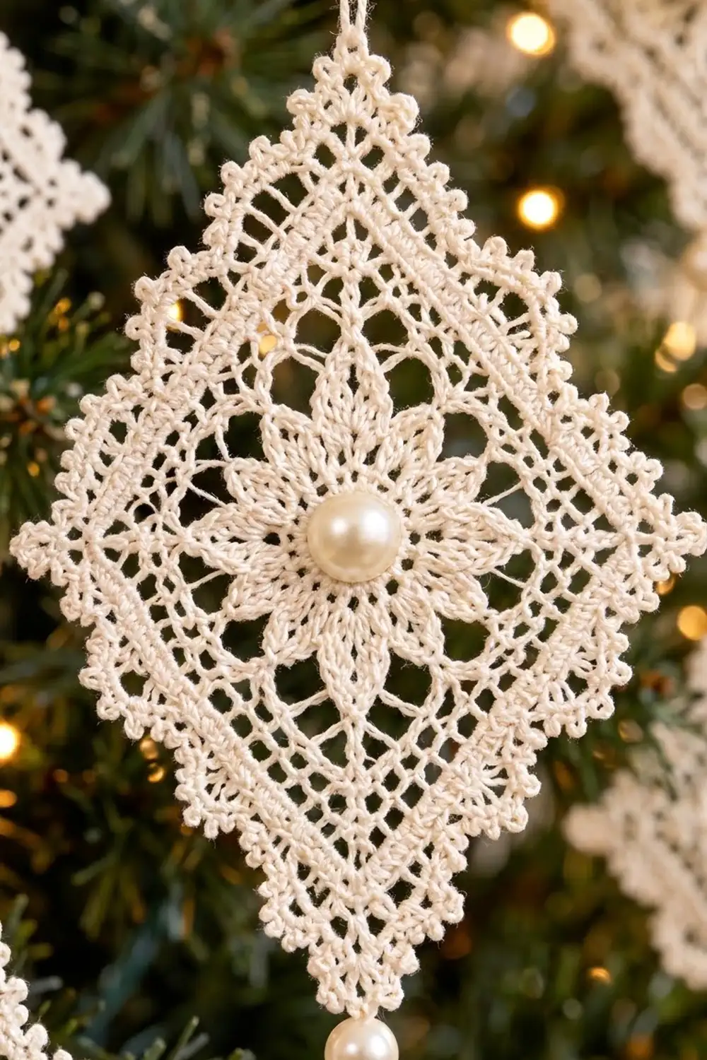 Cream crocheted lace ornament with pearls hanging on a Christmas tree with soft golden bokeh lights in the background.