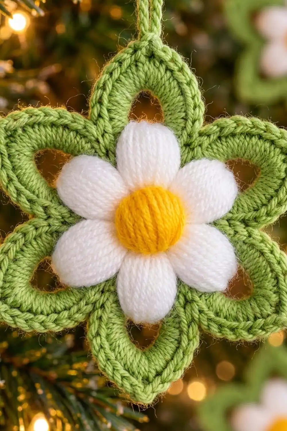 Crocheted daisy ornament with white petals, yellow center, and sage green leaf petals against golden bokeh.