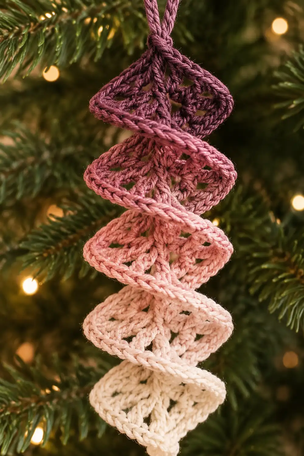 A crocheted ornament with five diamond shapes in gradient pink tones hangs from evergreen branches with warm lights.