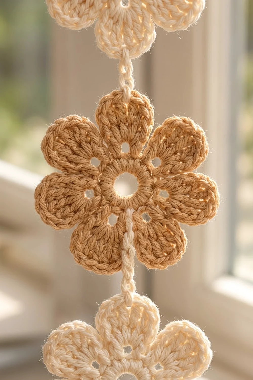 Tan crocheted flower ornament with six petals and round bulbs, suspended by delicate chains indoors.