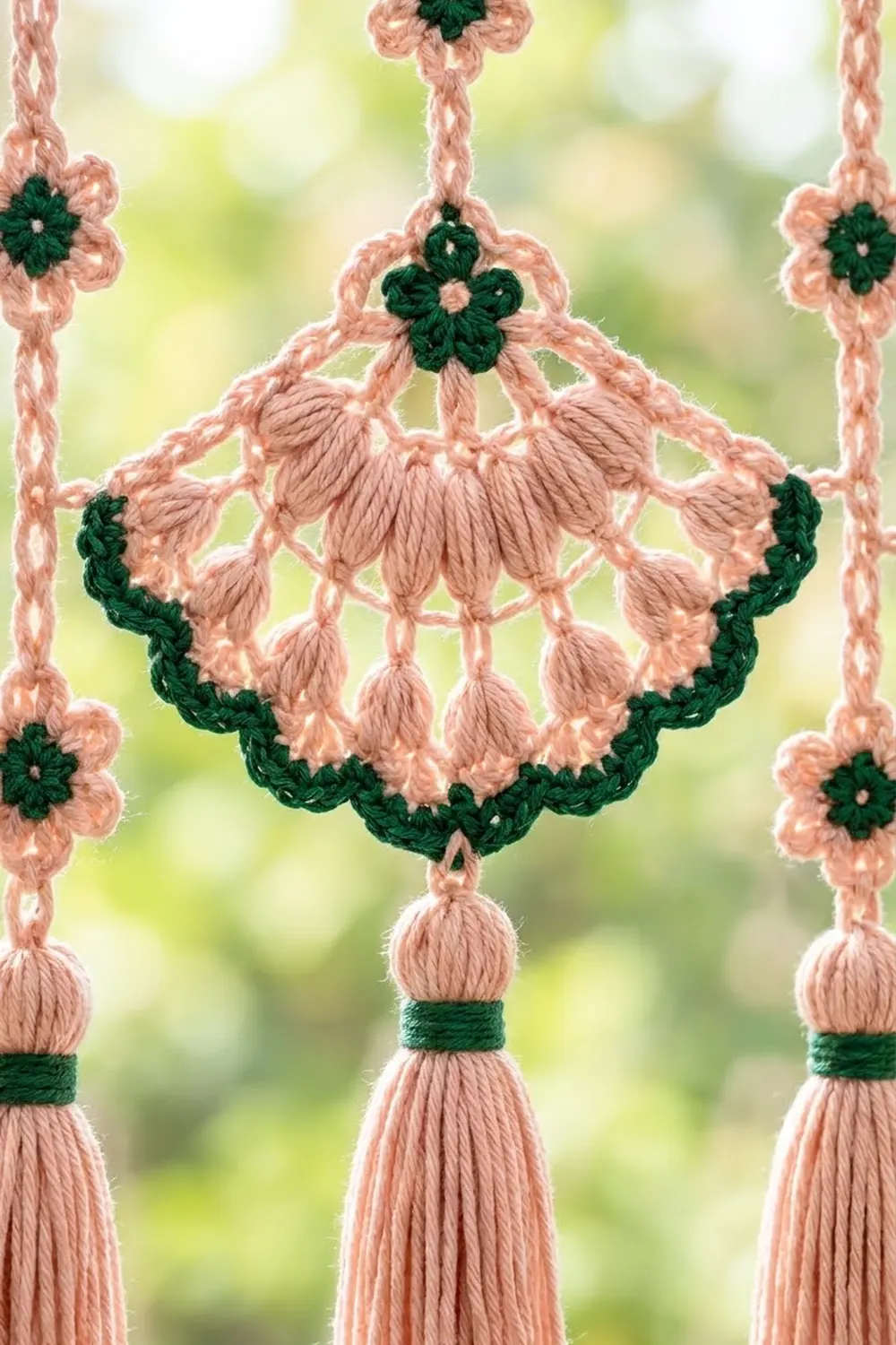 Hanging crocheted ornament in dusty rose and dark green with flower details and tassels against a blurred green background.