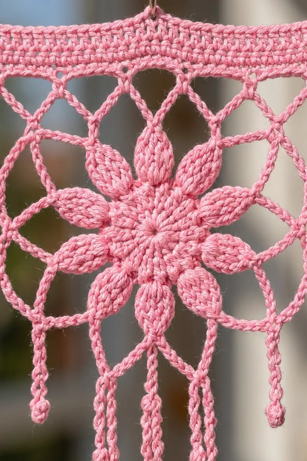 Pink crochet lace featuring a dimensional flower with beaded petals, delicate lattice, and hanging chains.