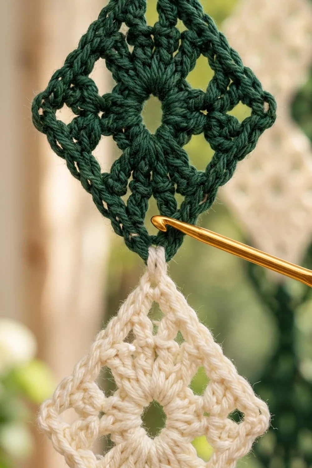Forest-green crocheted lace with brass crochet hook, transitioning to cream lace with delicate openwork stitching.