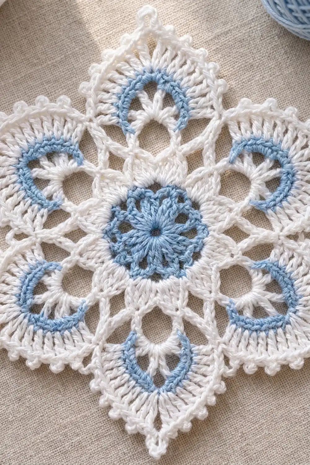 Close-up of a white and pale blue crocheted snowflake with intricate stitches, displayed on neutral linen fabric.