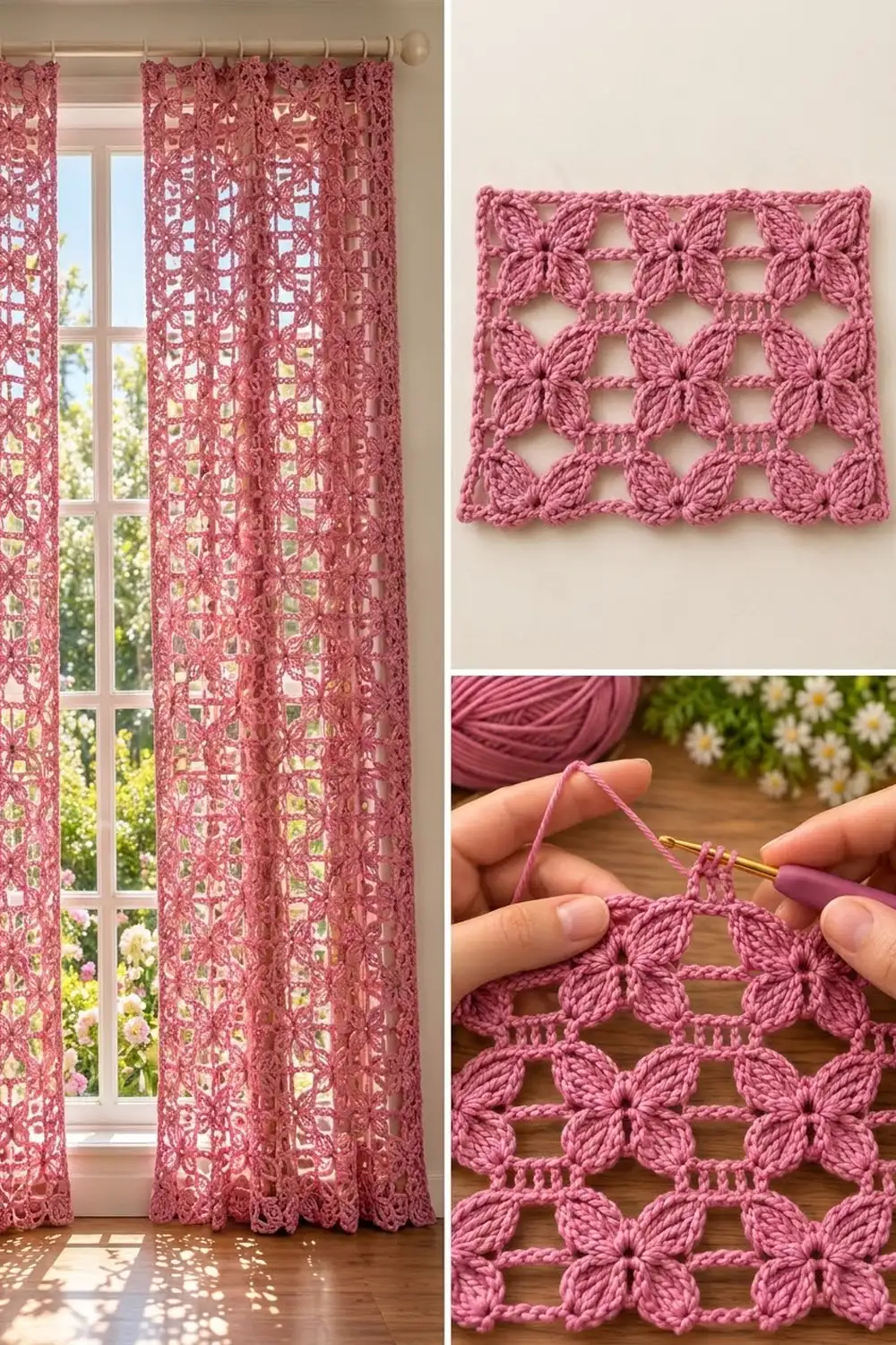 Hands crocheting pink butterfly motifs with a hook on a wooden surface.