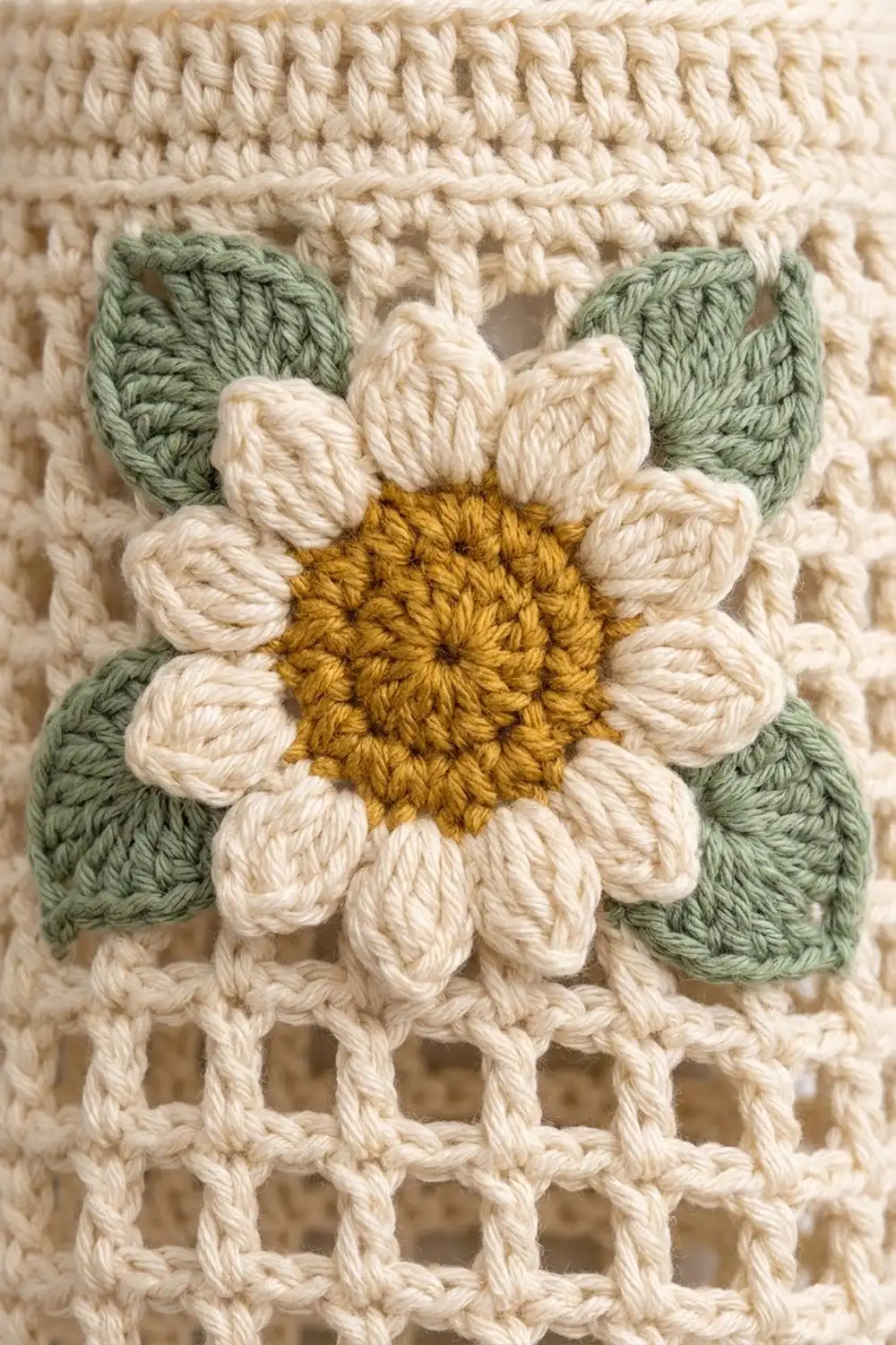 Crocheted white daisy with golden yellow center and sage green leaves on cream textured background.