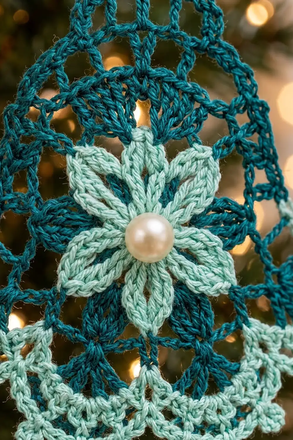 Pale mint-green crocheted flower with pearl center set against deep teal lattice with golden bokeh lights.