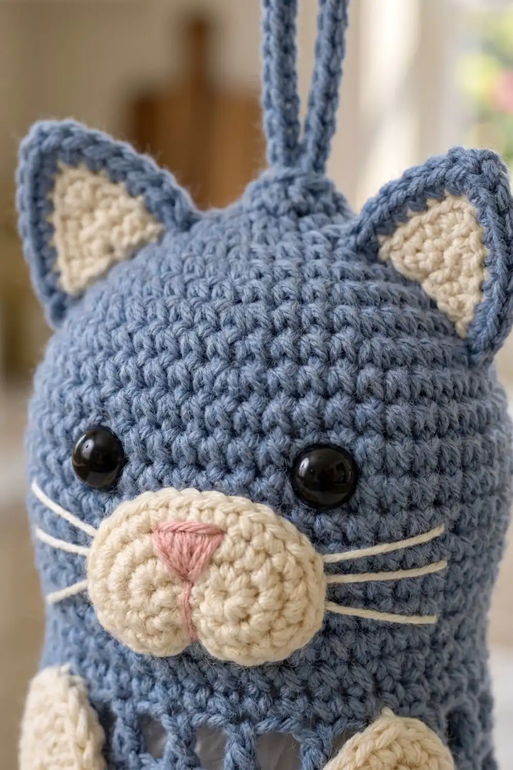 Close-up of a blue-gray crocheted cat with cream face, black eyes, and yarn whiskers against a blurred background.