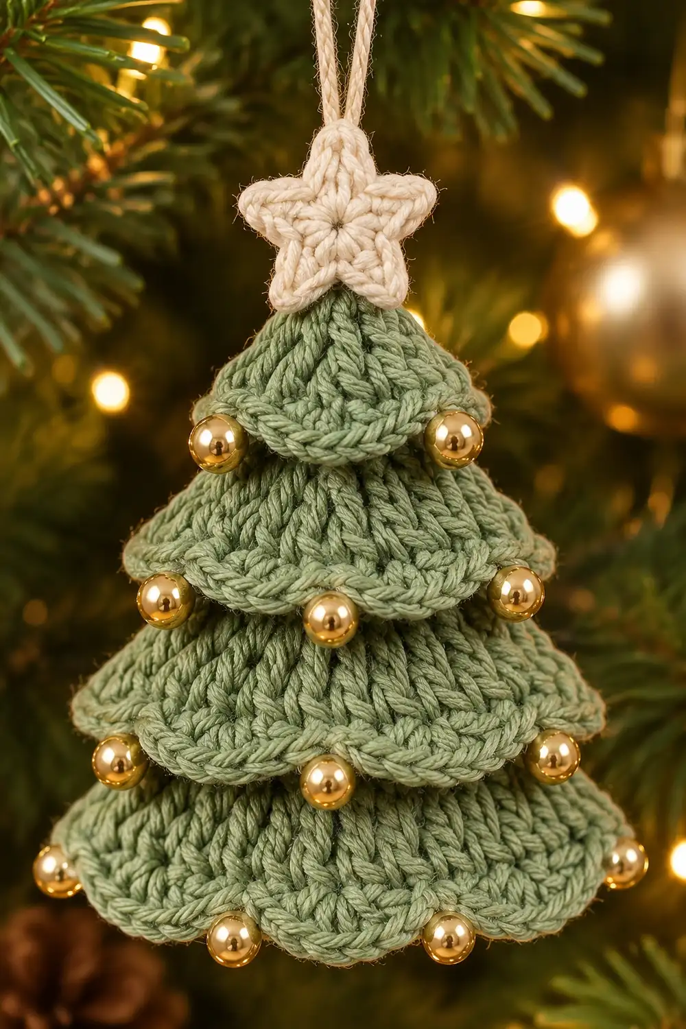 A handmade crocheted Christmas tree ornament with sage green layers, gold beads, and cream star topper hanging on evergreen branches.