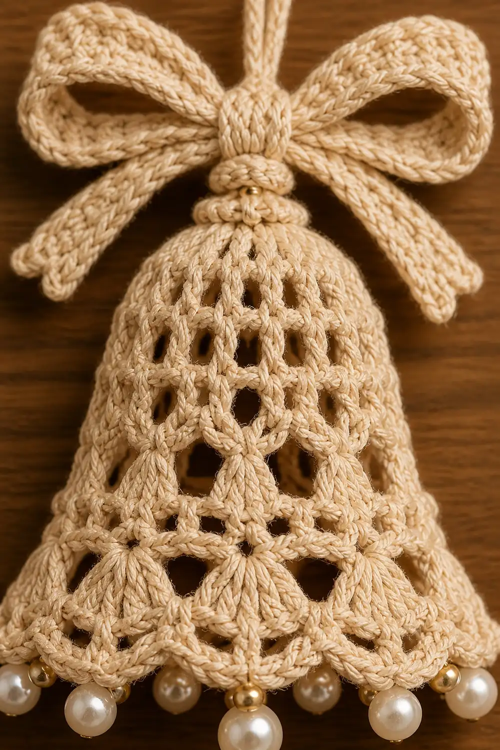 Crocheted jute bell ornament with bow and pearl beads hanging against wooden background.