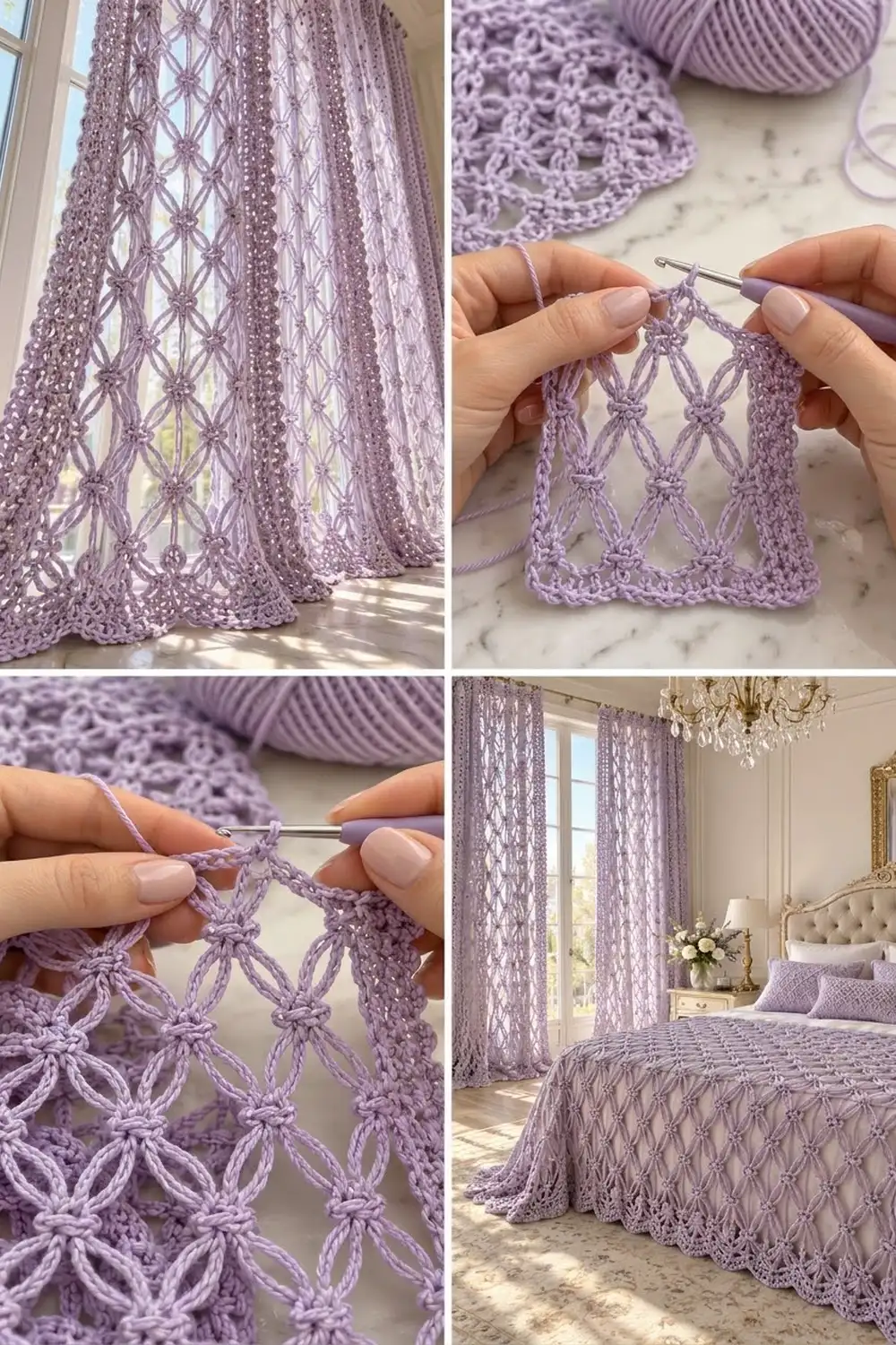 In-progress lavender crochet lace with geometric diamond stitches held by hands and metal crochet hook.