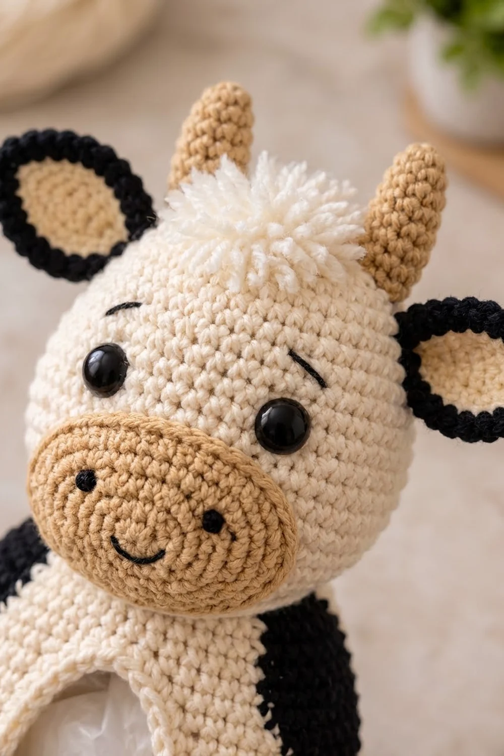 Handmade crocheted cow toy in cream and black with tan snout, tall horns, and black bead eyes.