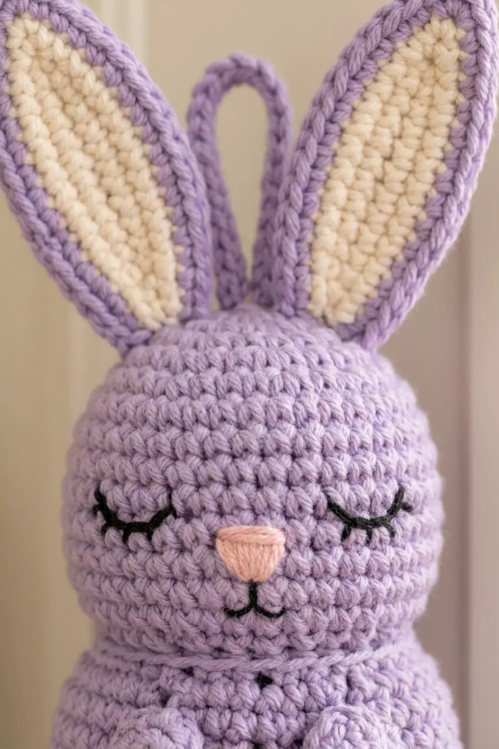 Close-up of a crocheted purple bunny with cream inner ears, embroidered face, and a peach nose against a neutral background.