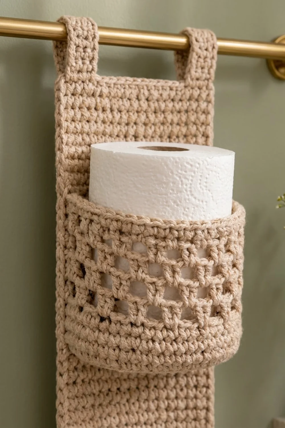 Cream crocheted toilet paper holder with lacy openwork bands mounted on a brass rod against sage green wall.