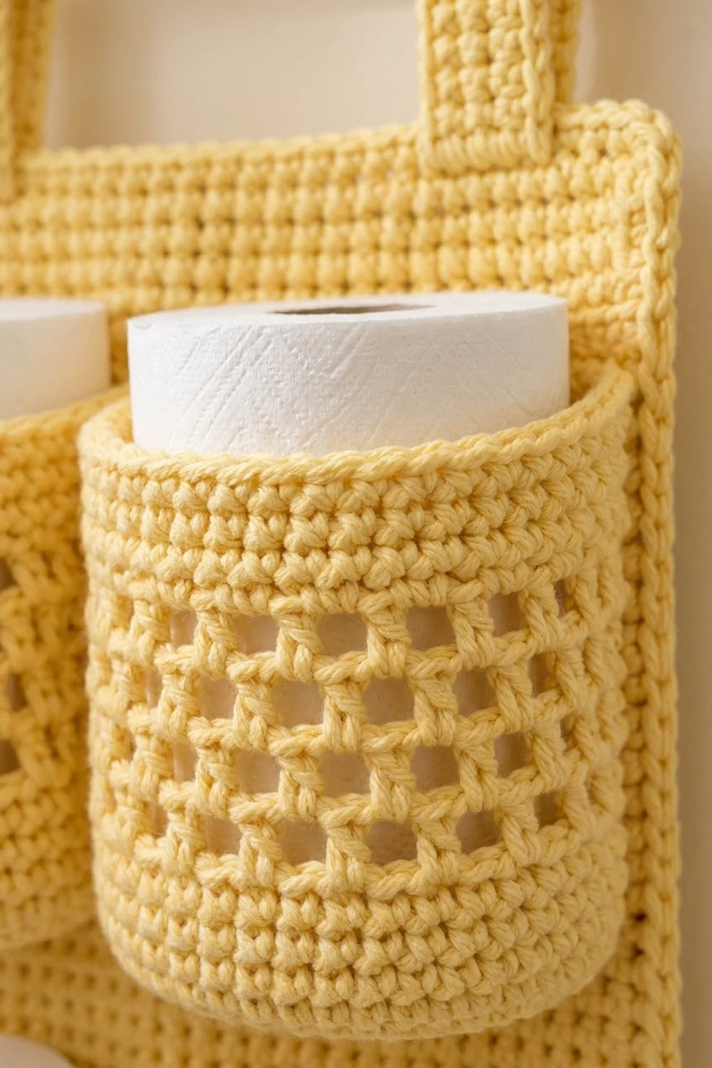 Pale yellow crocheted basket with open mesh pattern holds a white textured cup in soft natural light.