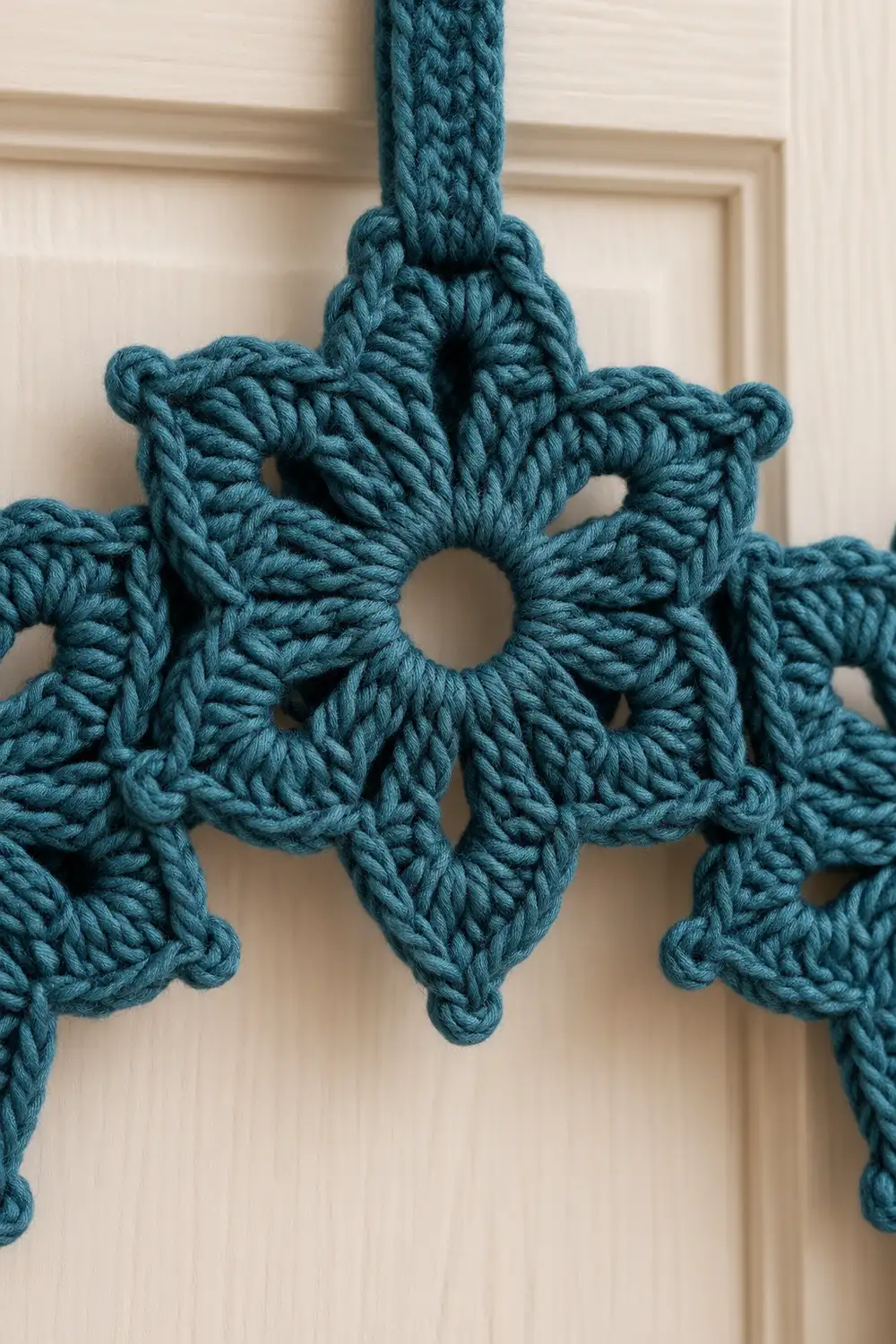 Teal crocheted snowflake ornament with detailed textured petals hanging against a white wooden door.