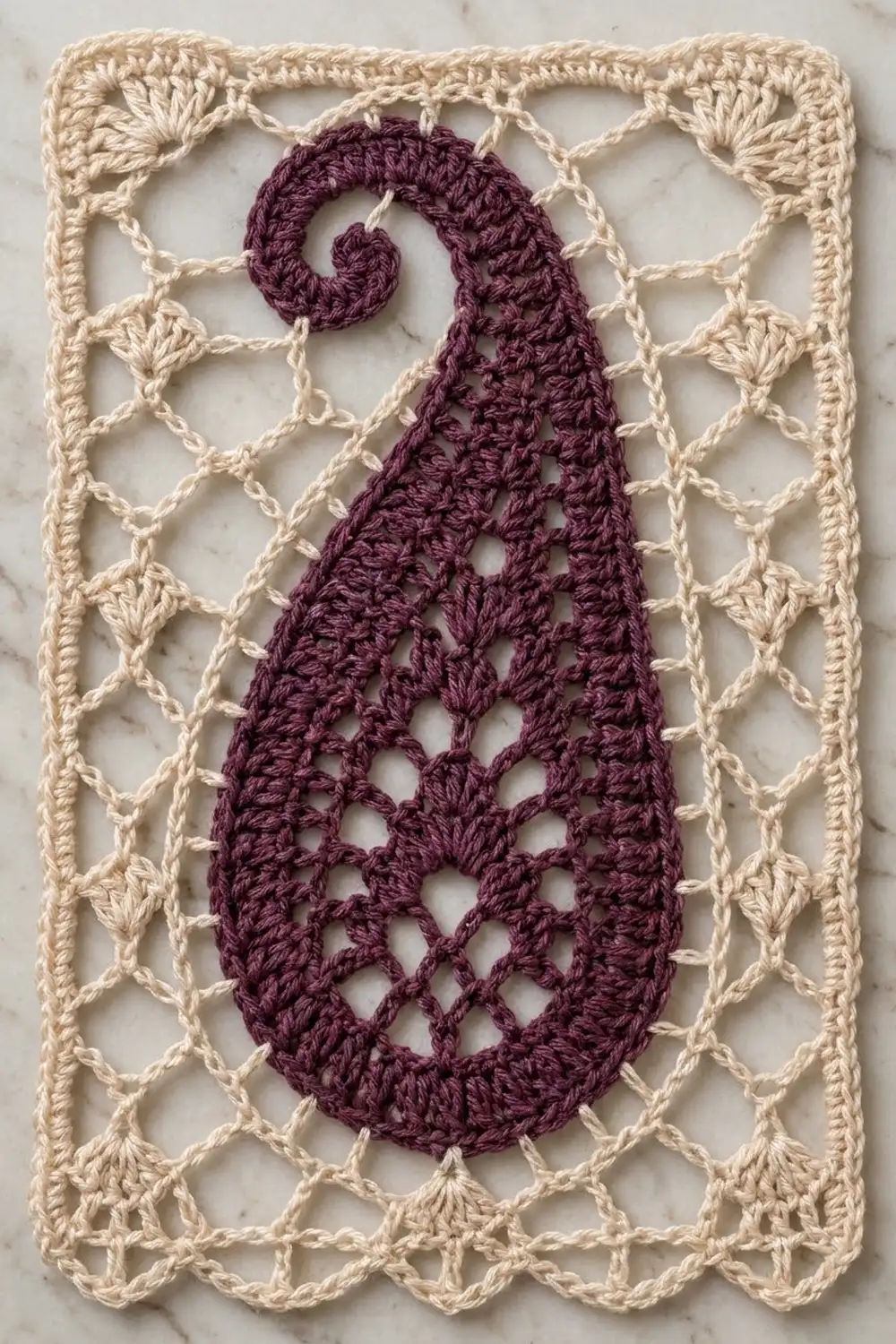 Deep burgundy crocheted peacock feather featuring spiral curl and openwork lattice design, framed within cream lace border on marble.