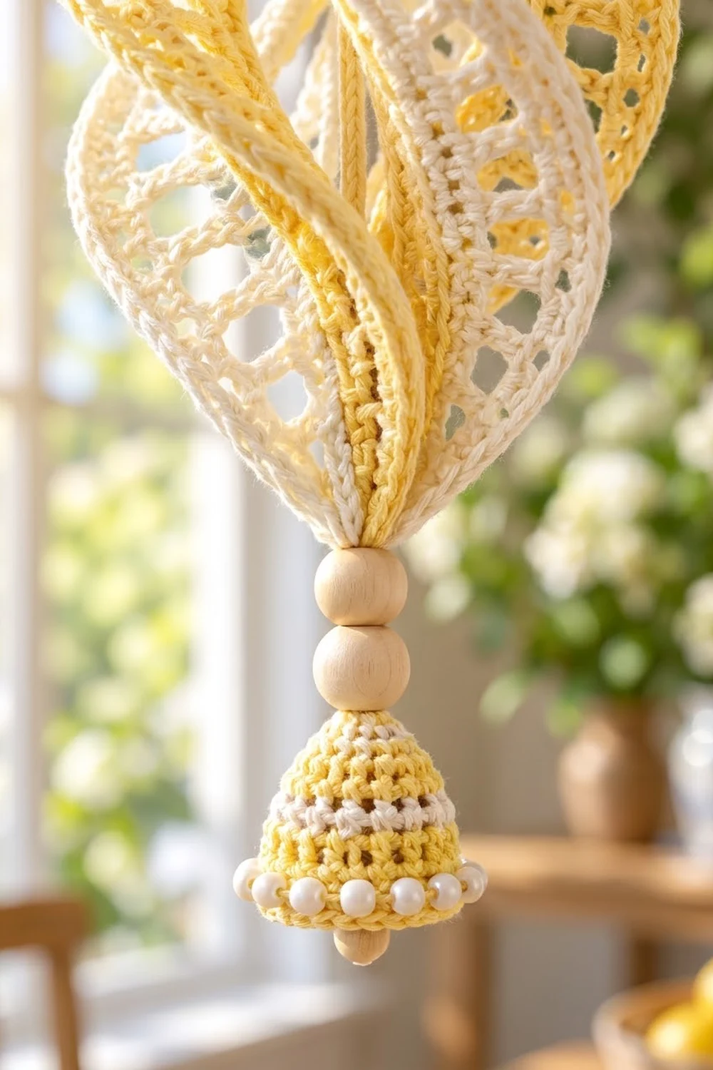 Yellow and cream crochet bell ornament with wooden beads and pearl accents, topped with delicate openwork lace ribbon.