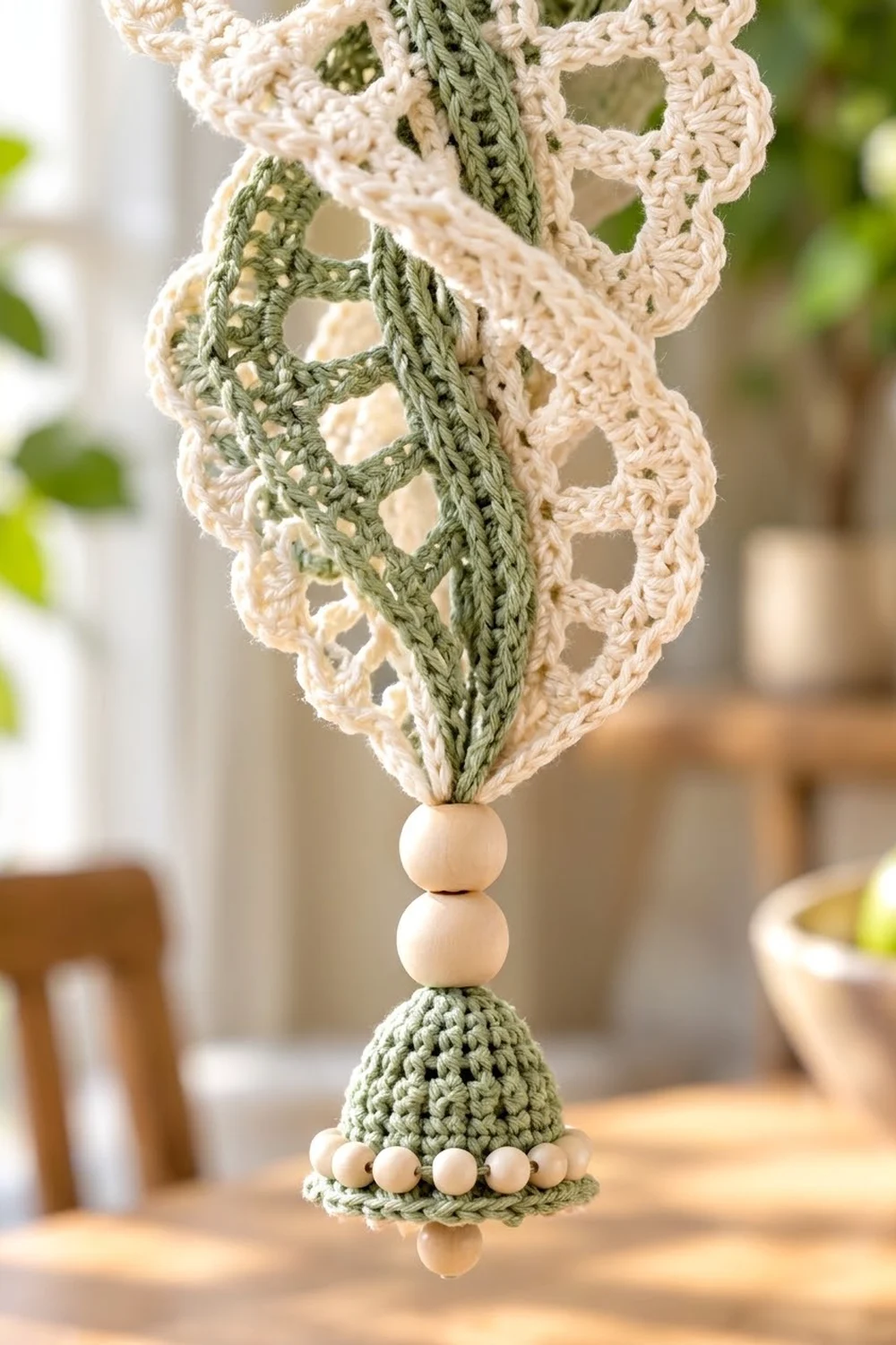 Interlocking crocheted hearts in cream and sage green yarn with wooden bead accents and a beaded tassel detail.