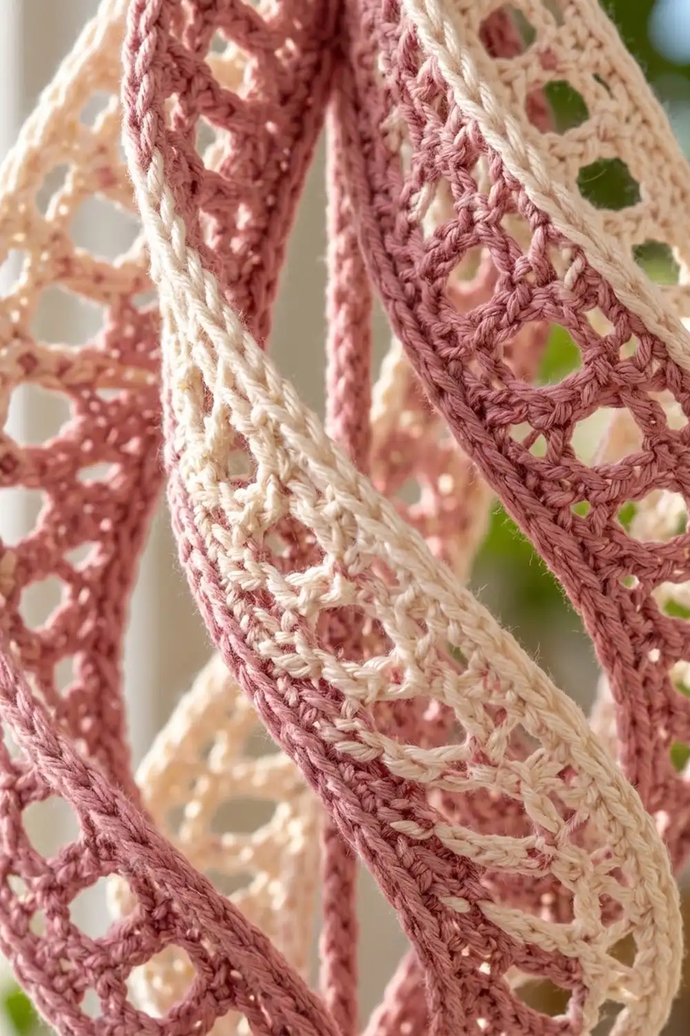 Delicate pink and cream striped crochet lace with intricate openwork showing texture against blurred green background.