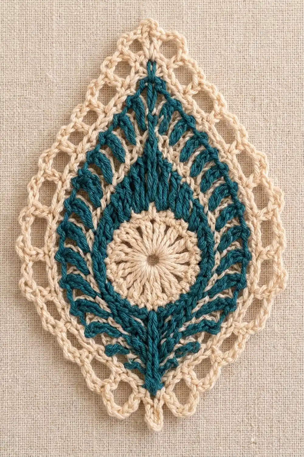 Crochet teardrop motif with cream lace border, teal leaf stitches, and cream center on beige fabric.
