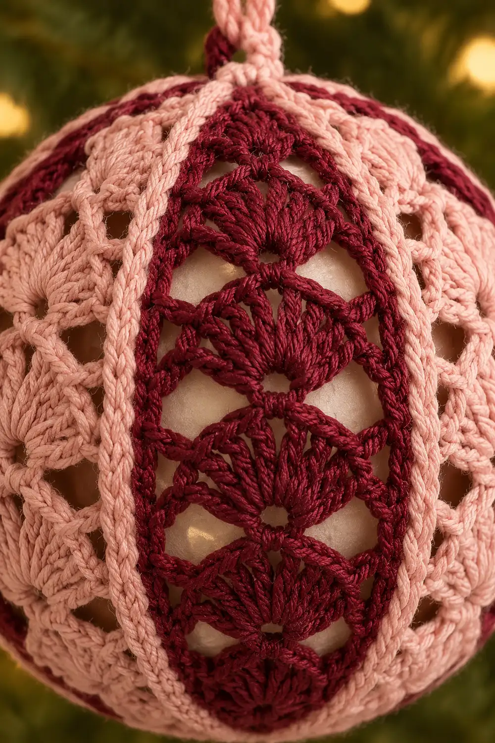A crocheted ornament in pink and burgundy with an intricate openwork pattern hangs against a blurred green and gold background.