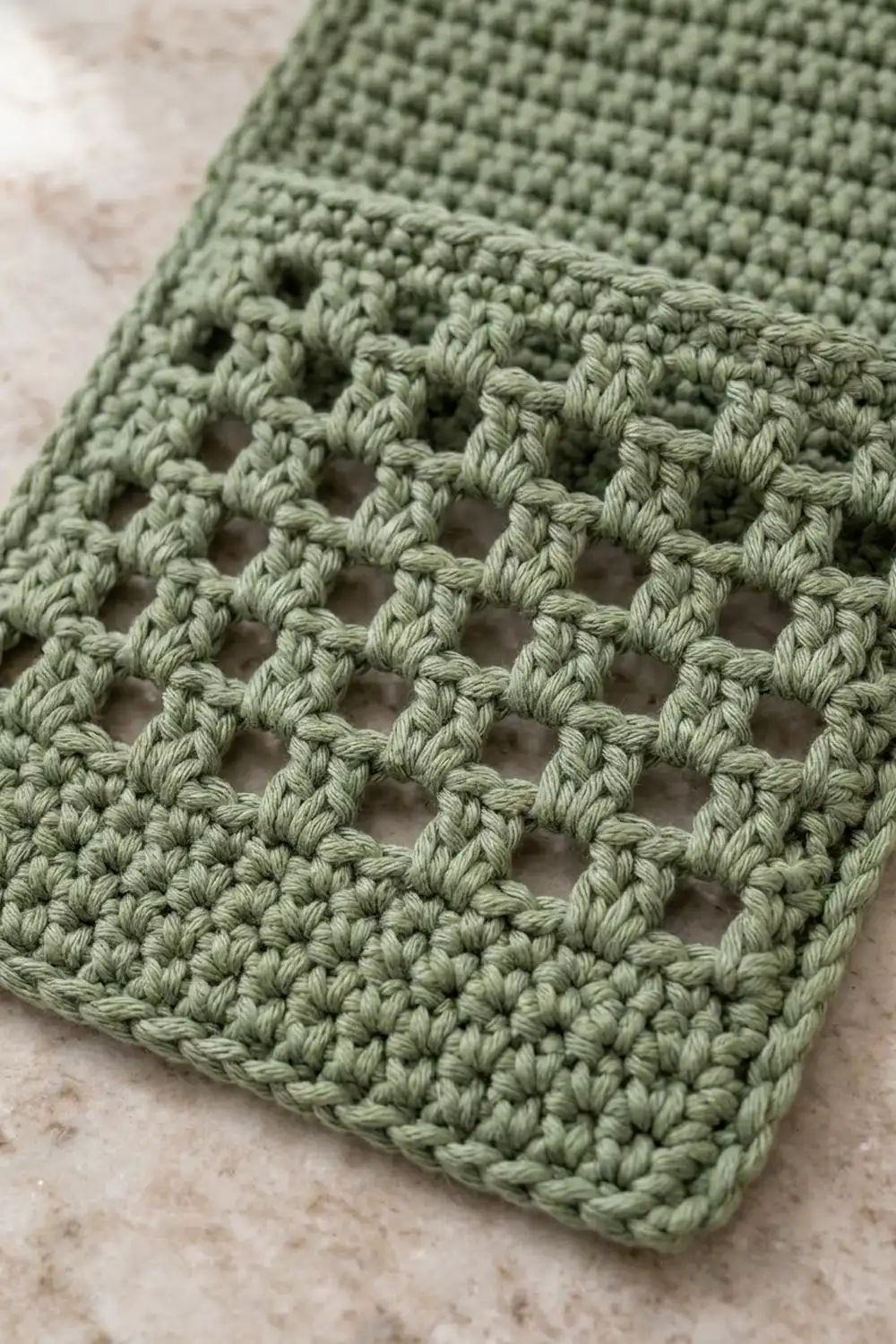 Sage green crocheted blanket with diamond openwork pattern draped on neutral marble background, showing detailed stitch texture.
