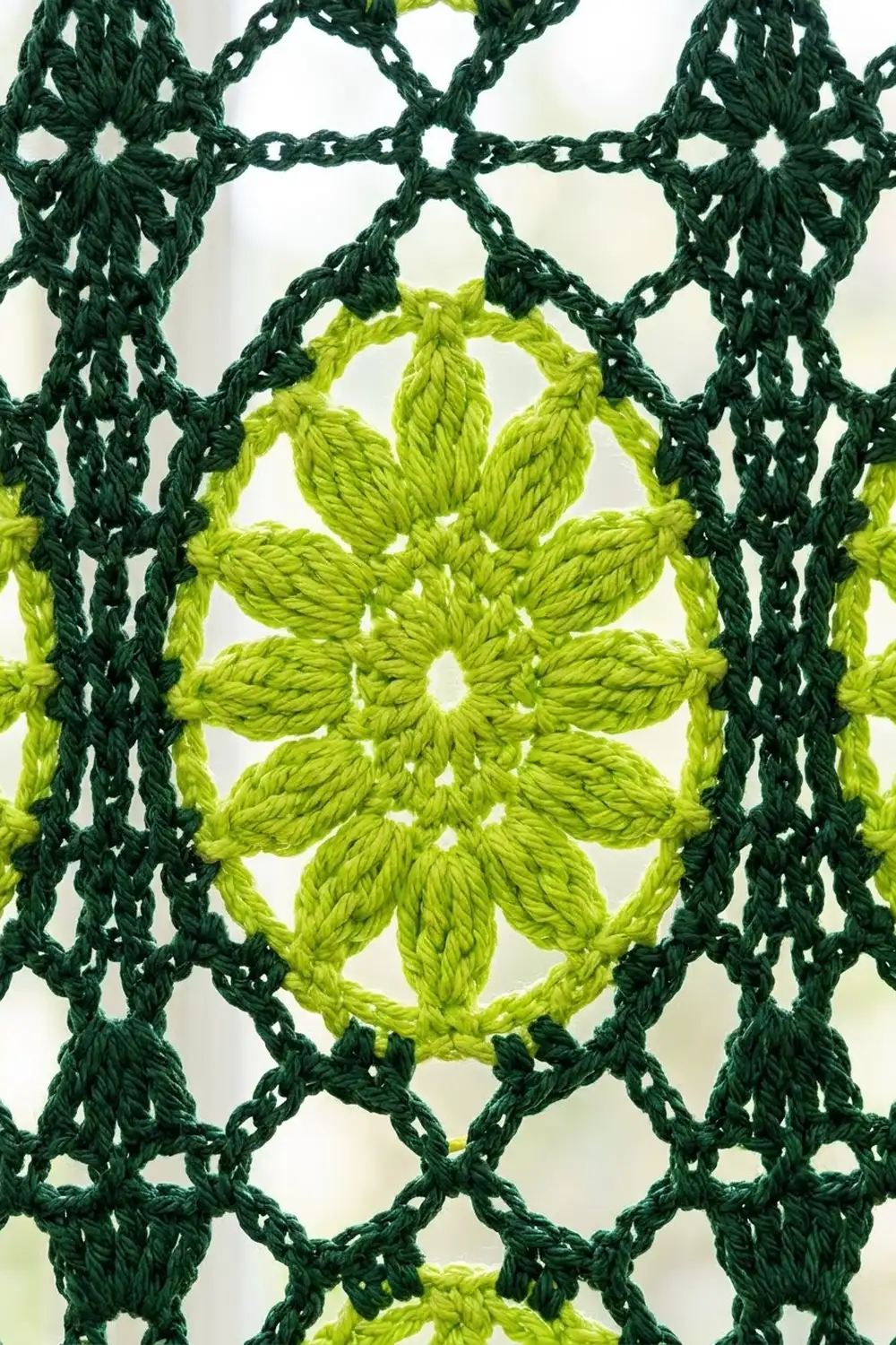 Close-up of crochet lace with dark green lattice pattern and lime-green flower motifs on white background.