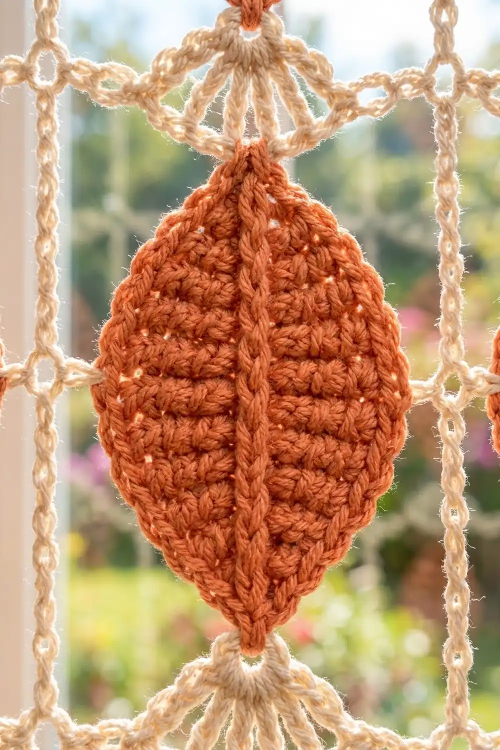 Rust-orange crocheted pear ornament hangs from cream chains in a sunny window, with blurred garden background.
