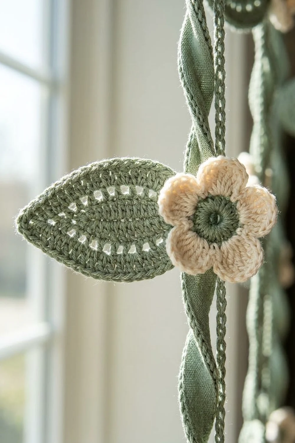 Close-up of crochet leaf appliqué in sage green with cream and green flower detail on fabric bag strap.