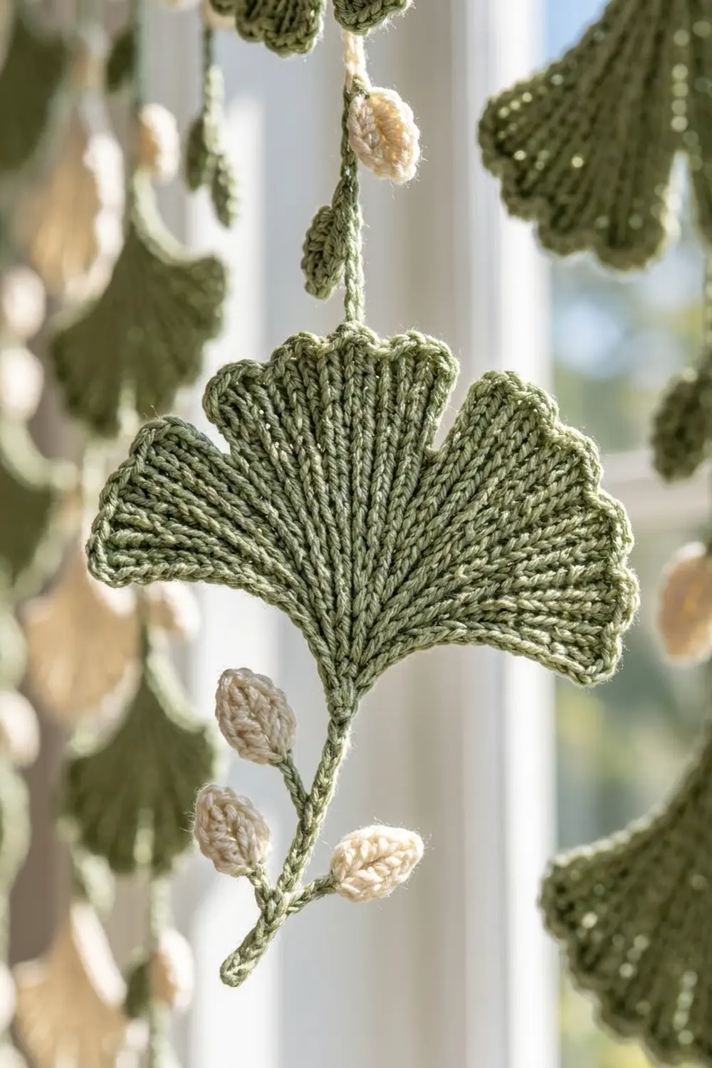 Sage green crocheted leaves with cream seed pods hanging from thin strings in bright natural light.