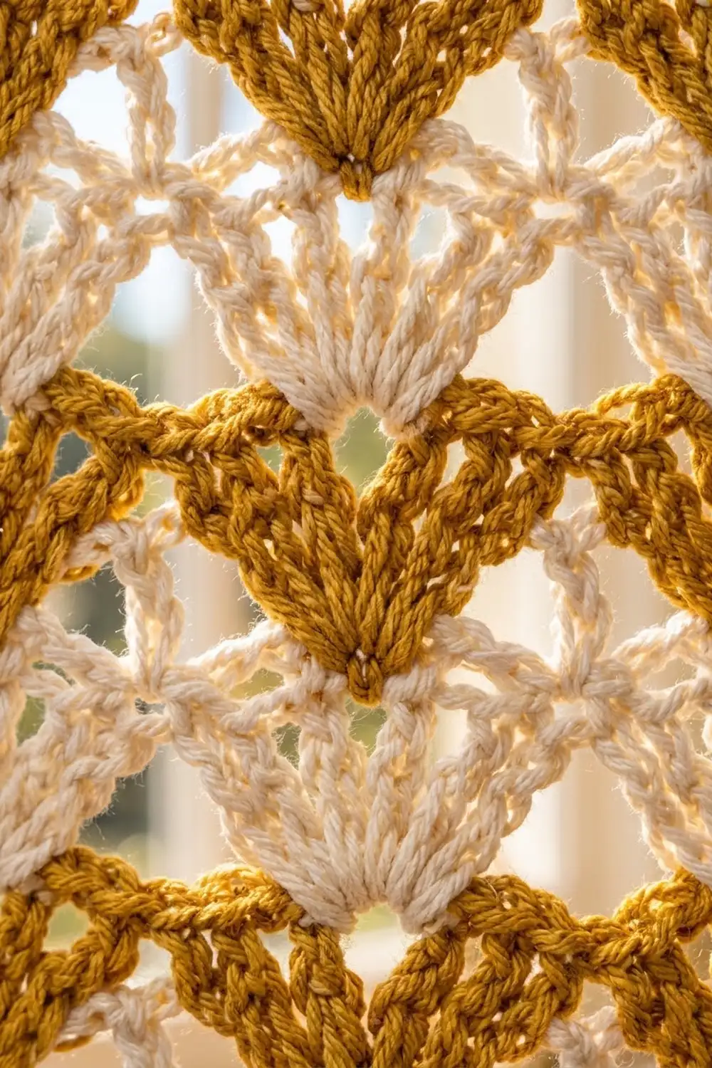 Interlocking crochet stitches in mustard yellow and cream yarn forming open mesh pattern against bright window light.
