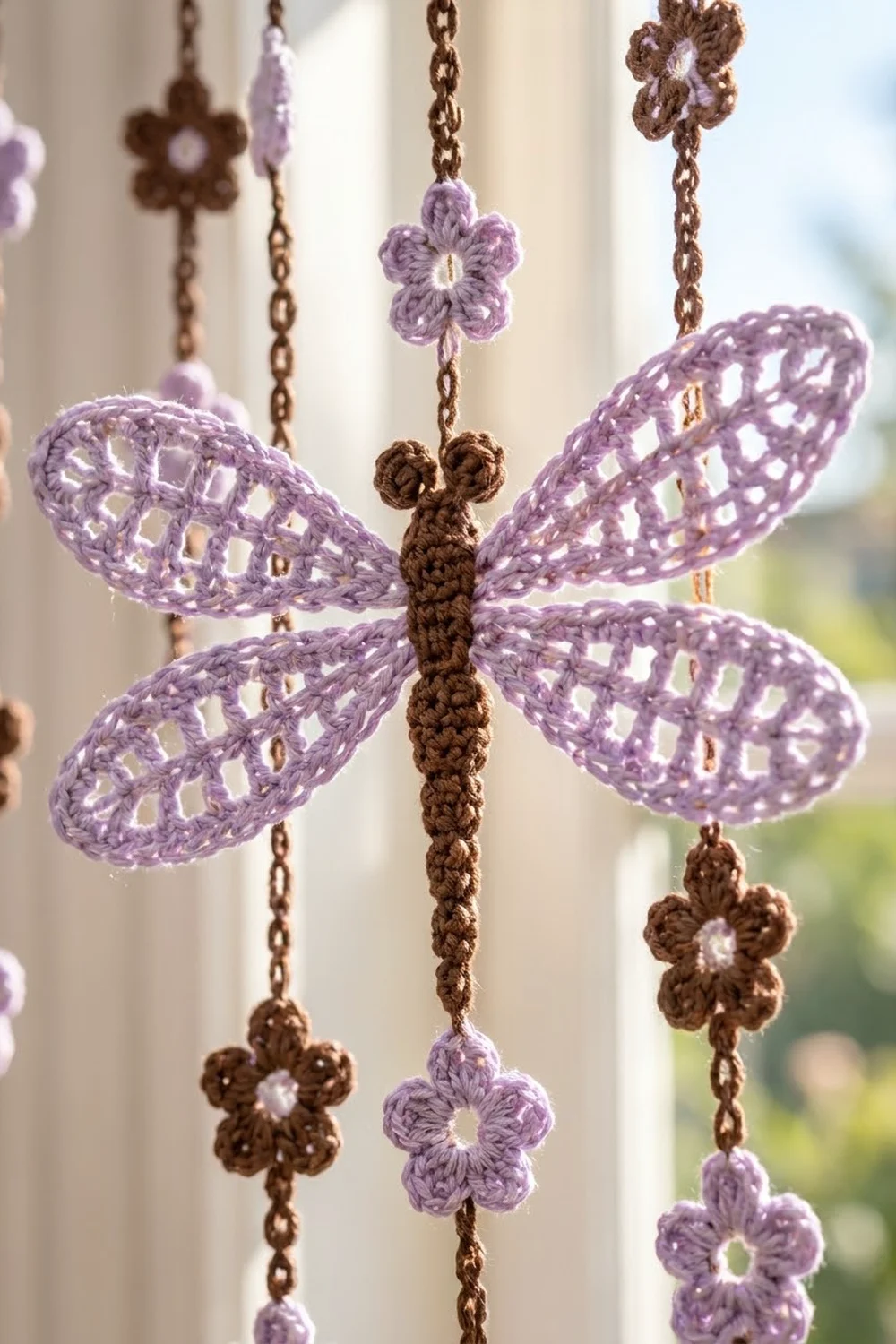 Crocheted lavender dragonfly with lacy wings and brown body hanging from bronze chain, surrounded by small crocheted flowers.