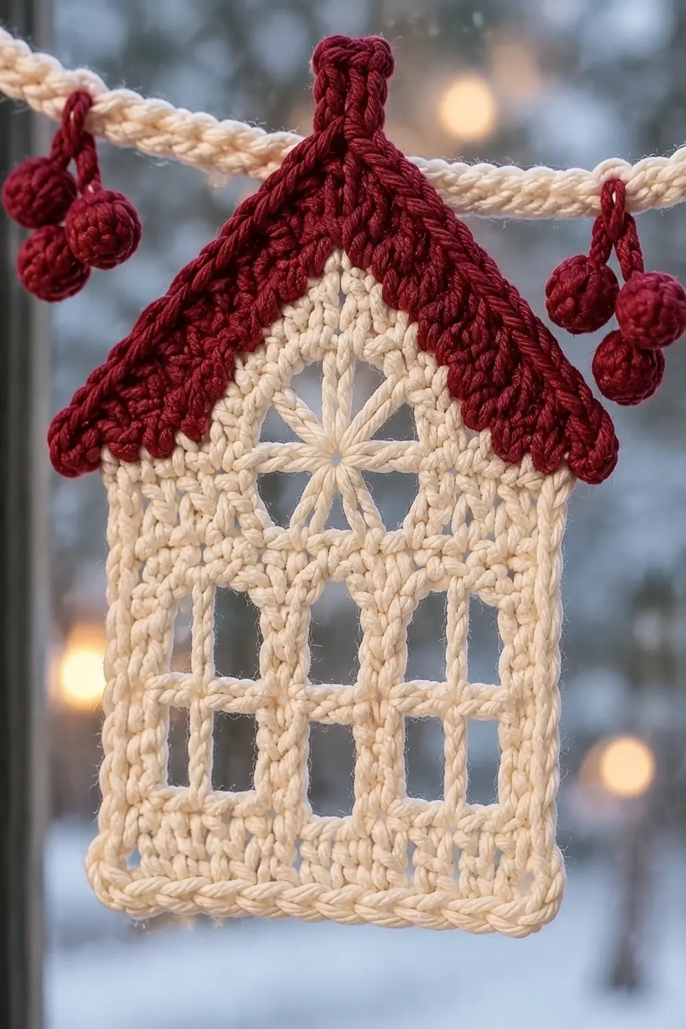 A crocheted cream and burgundy house ornament with star window hangs from a rope garland.
