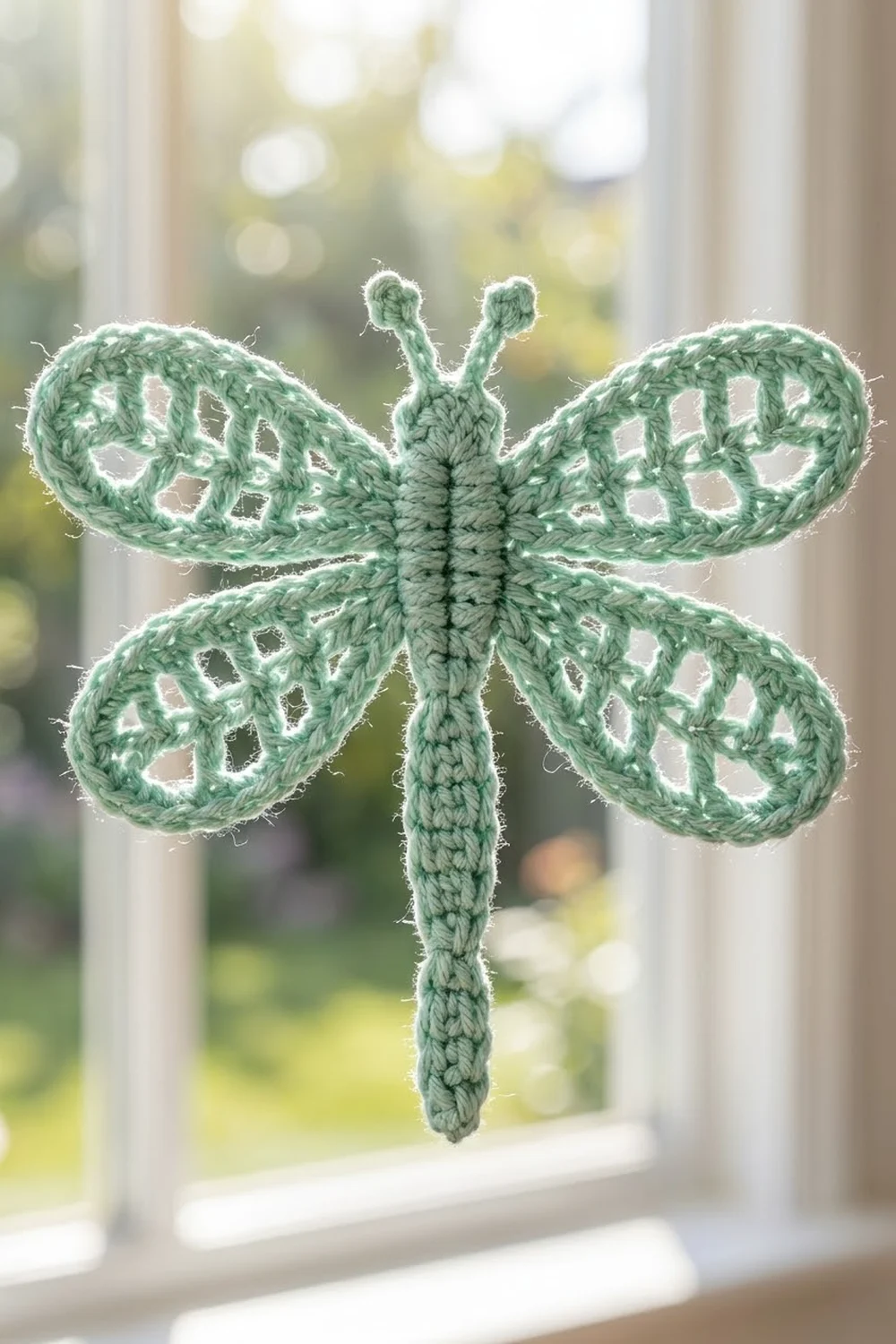 Green crocheted dragonfly with lace-patterned wings displayed in a sunlit window.