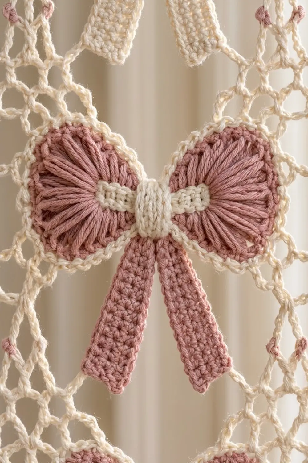 Close-up of a dusty pink crocheted bow with ruffled yarn wings against cream-colored lace openwork.