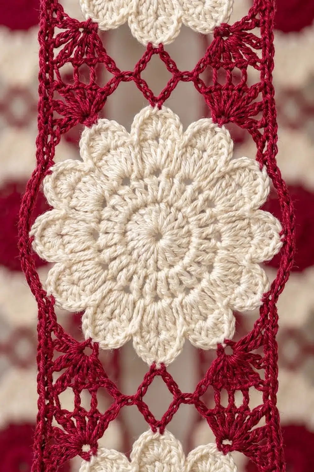 Ivory crocheted flower with intricate textured petals surrounded by burgundy filet lace on a blurred red background.
