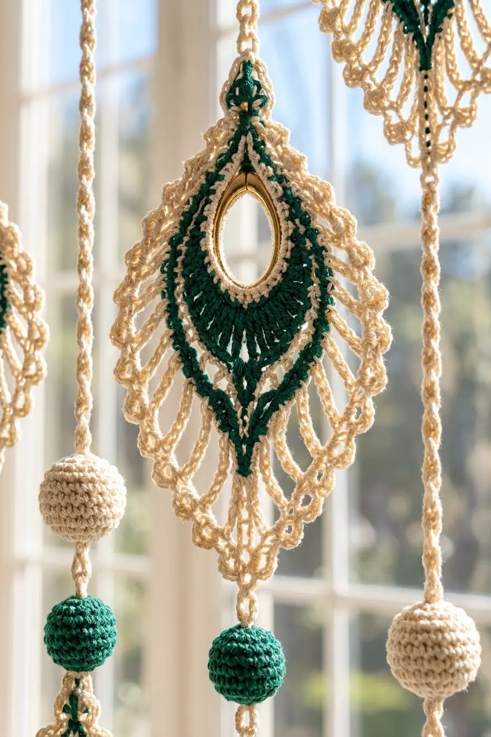 Crocheted macramé pendant in natural and forest-green yarn with ornate teardrop shape and oval opening, hanging by window.