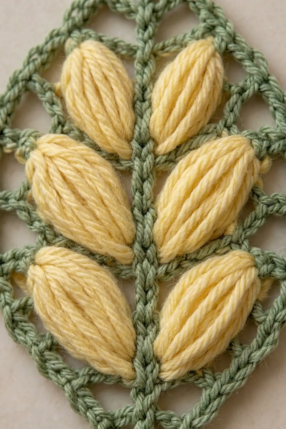 Pale yellow crochet leaves arranged in rows, separated by sage green twisted braided stitches.