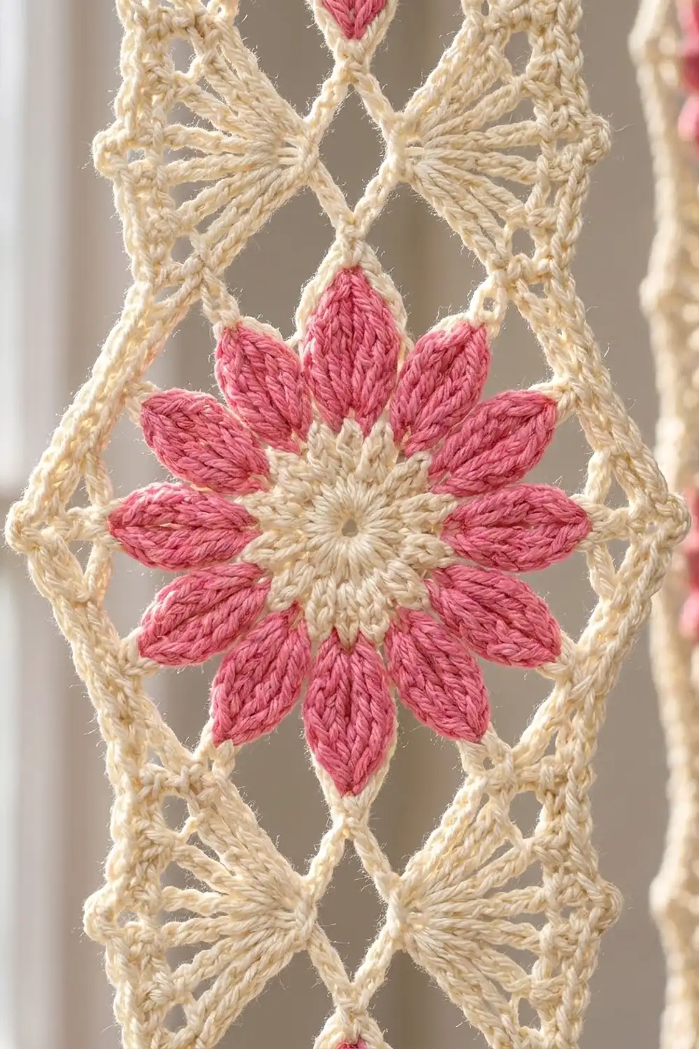 Cream-colored crochet with a geometric diamond lattice design featuring a pink decorative crocheted flower.