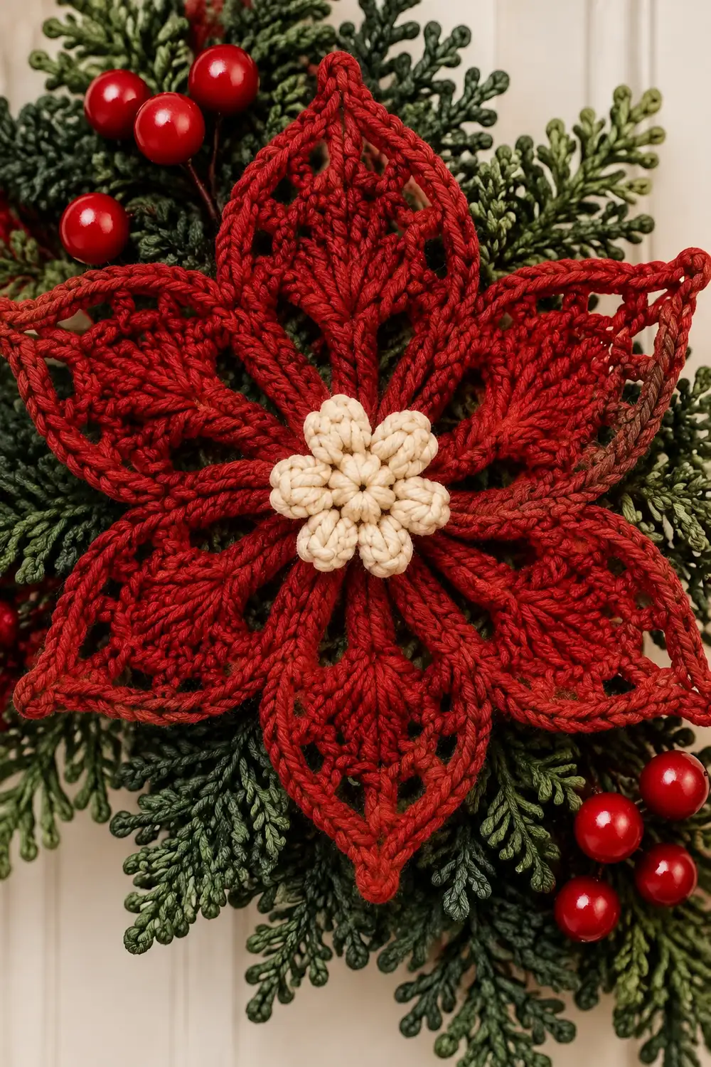 A red crocheted poinsettia flower with cream center surrounded by green evergreen sprigs and red berries.