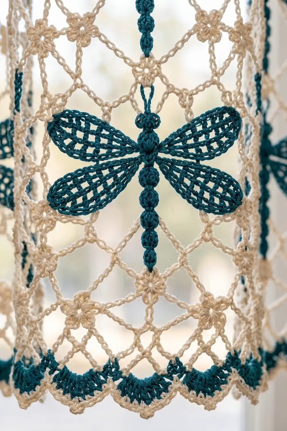 A teal crocheted dragonfly with latticed wings sits centered in an intricate cream lace geometric pattern.