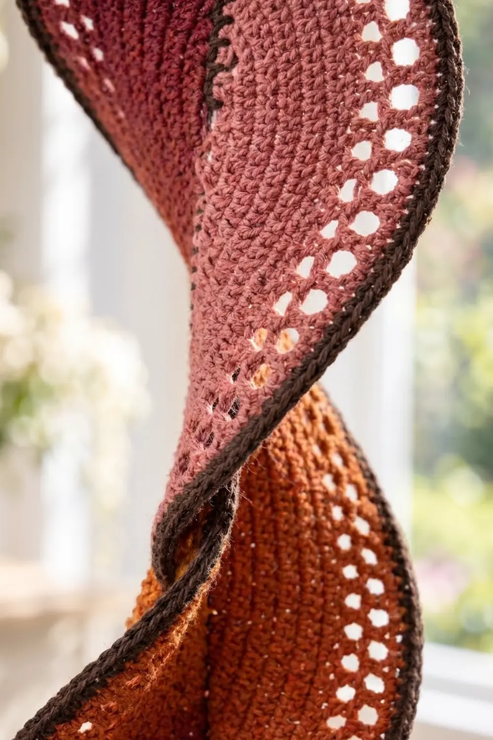 Crocheted lace in burgundy, mauve, rust, and black featuring delicate white eyelet holes, photographed outdoors.