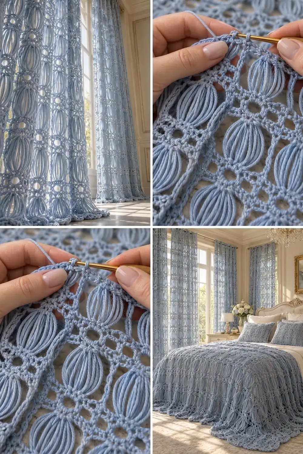 Hands holding crochet hook working blue-gray lace with intricate repeating shell-stitch openwork pattern detail.